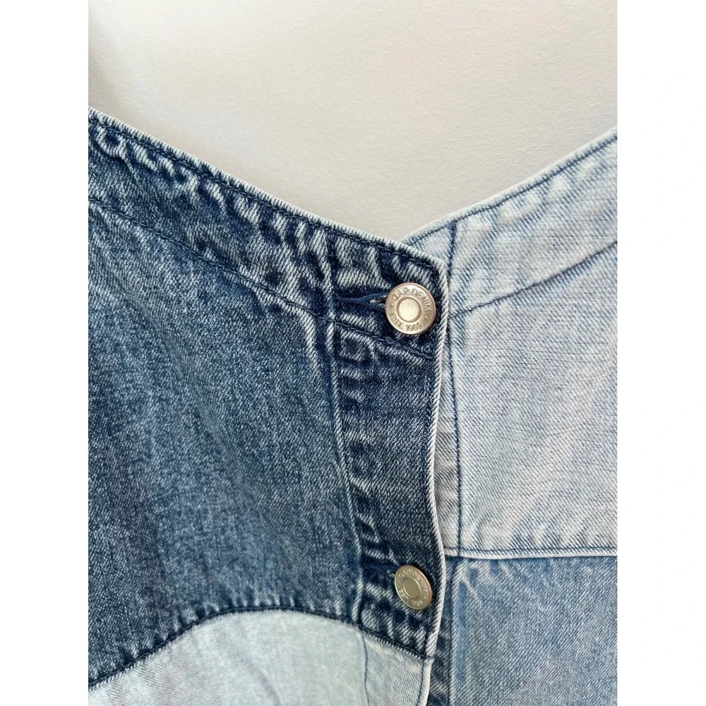 GAP Patchwork Denim Mini Dress Blue Button Front Sleeveless Pinafore L - Picture 6 of 7